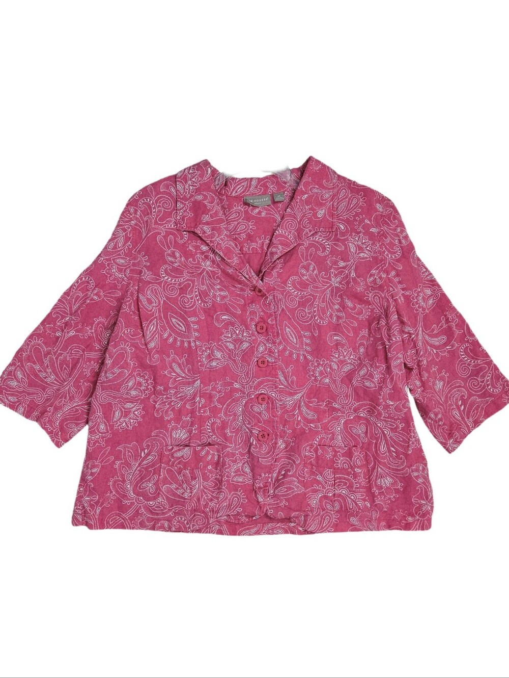 Kim Rogers Linen Jacket Pink White Womens 2x 3/4 Sleeves Lightweight Office